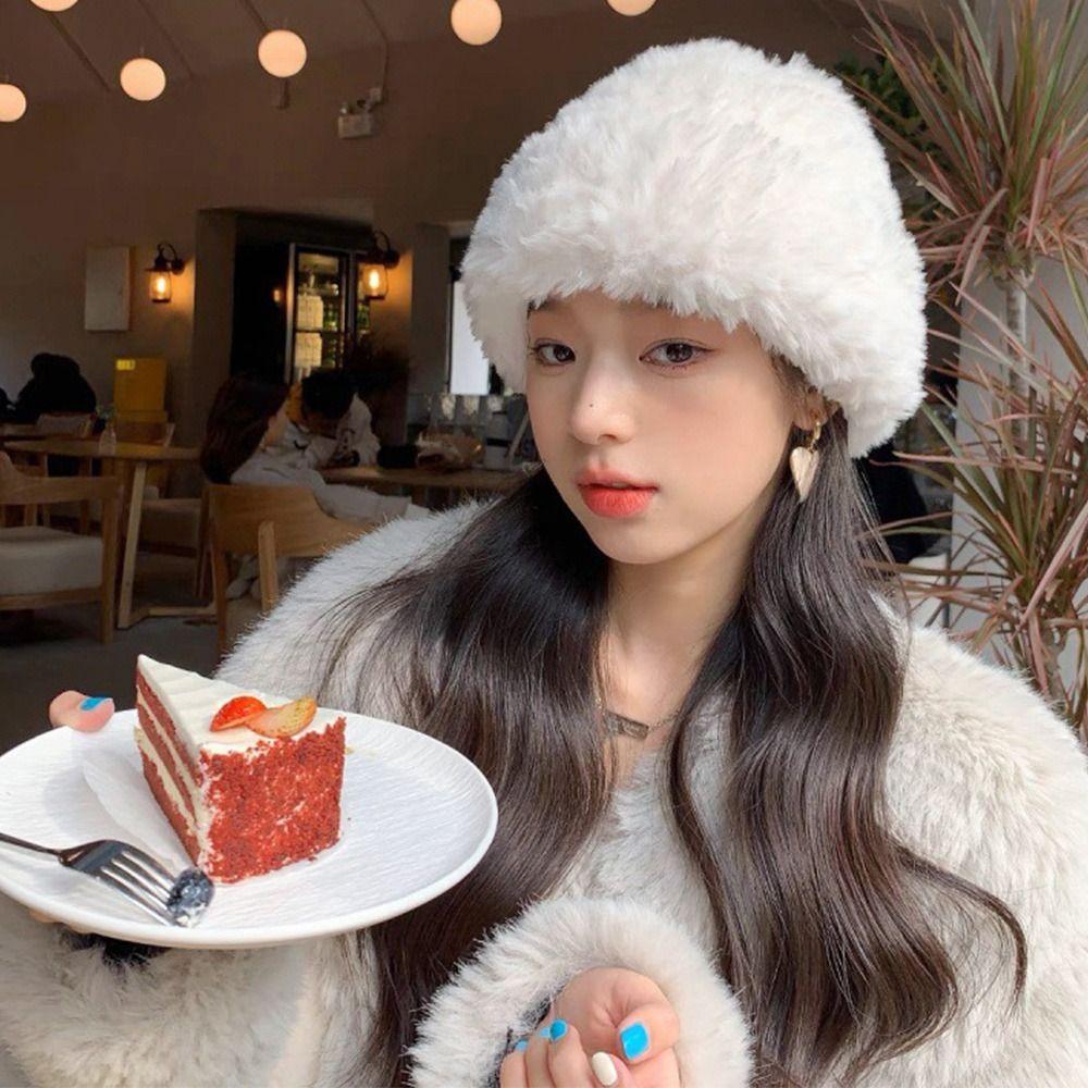 Plush Plush Bucket Hat Warm Panama Hat Outdoor Basin Sun Cap  for Women