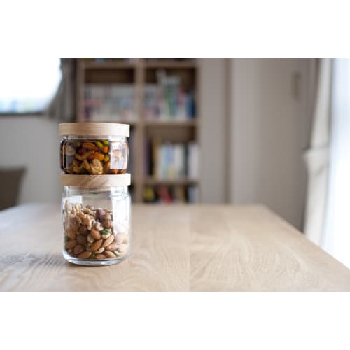 ADERIA Stack Stock M 680ml Glass Canister, Airtight Storage Container for Condiments, Coffee Beans, and More, Wooden Lid, M6255