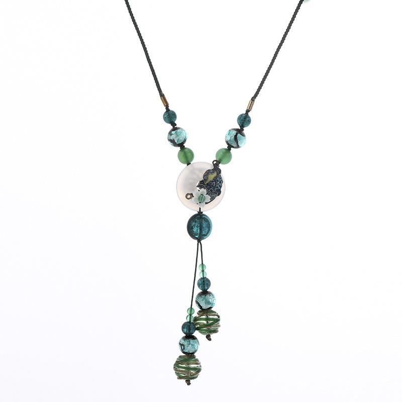 BLINGBAY Women's Vintage Marble Butterfly Pendant Necklace Green Beaded Rope Chain Long Tassel Statement Jewelry Gift
