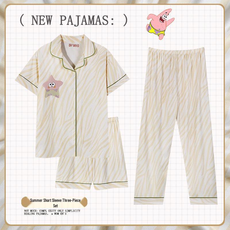Pastoral Women's Pajama Set: Soft, Cute Rabbit Design, Short-Sleeve, Casual Three-Piece Loungewear.