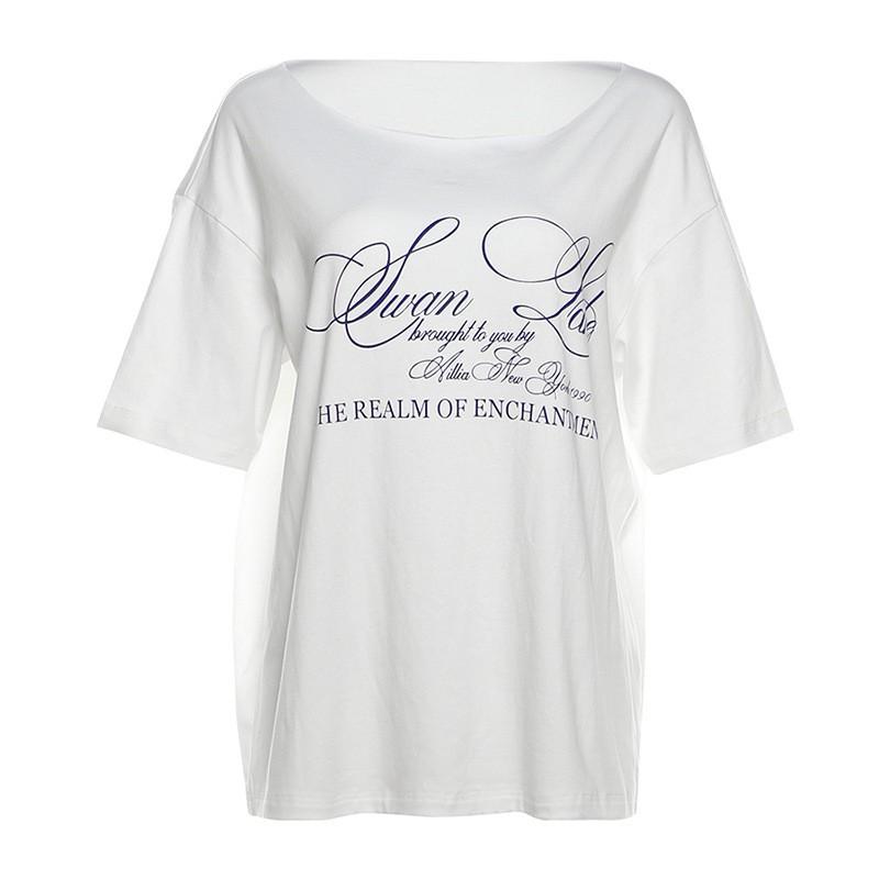 Womens Streetwear Letter Print Off Shoulder Short Sleeve Loose Fit T-Shirt Casual Top