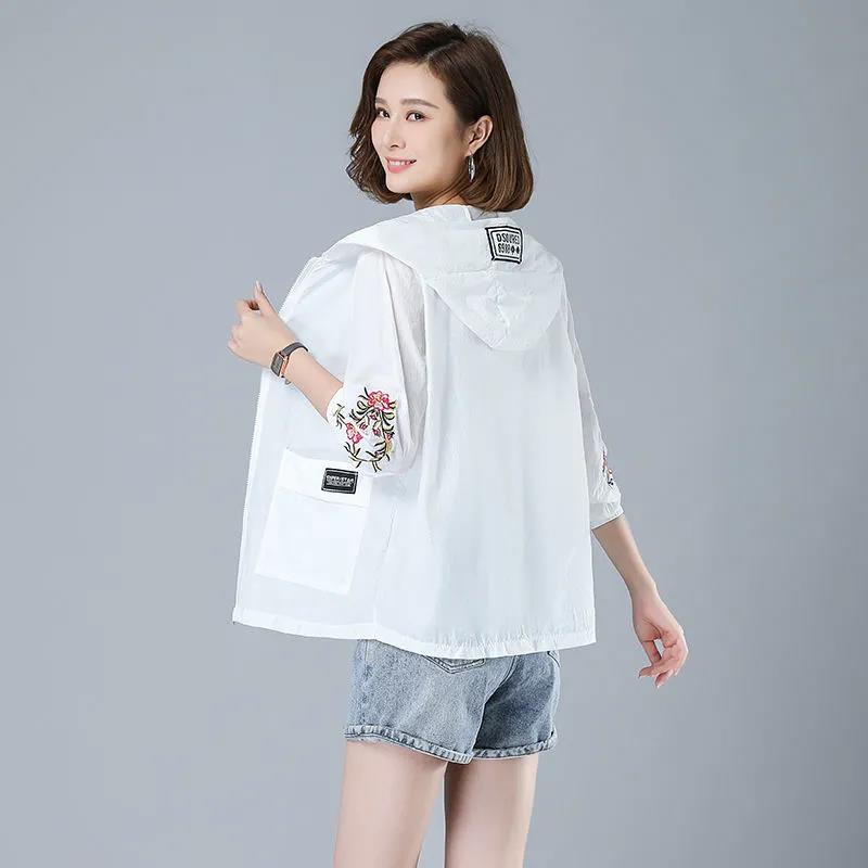 

Женские осенние короткие пальто большого размера с вышивкой, весенне-летние однотонные дышащие свободные солнцезащитные пальто M белый