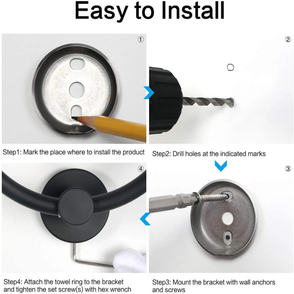 Matte Black Towel Ring - Heavy Duty Stainless Steel Holder for Bathroom and Kitchen - Wall Mounted Storage Hangers
