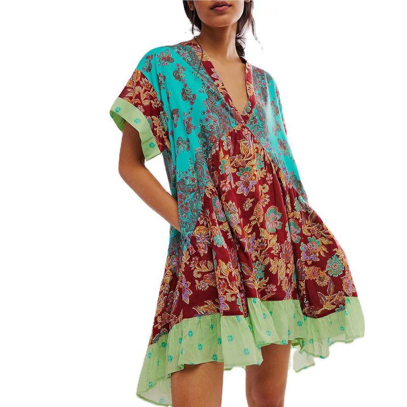 

Spring and Summer Women s Clothing Print Stripes Short Sleeve V Neck Dress No. 4 color 2XL