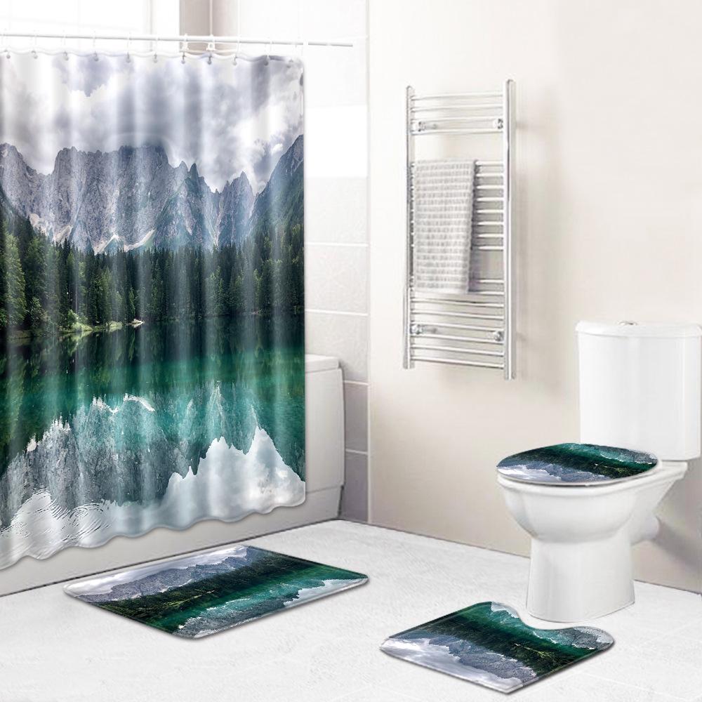 Landscape Shower Curtain Floor Mat Combination Four-Piece Set Bathroom Toilet Carpet Shower Room Mat Foot Mat