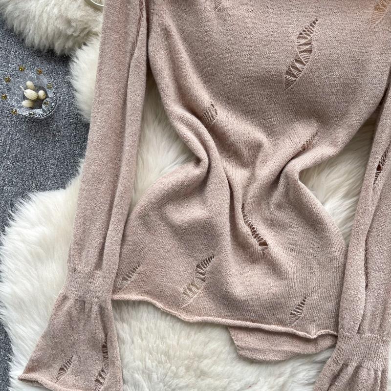 Ležérní pletený svetr Pure Desire pro ženy s dutým vintage designem, nepravidelný svetr, elegantní dámská móda s dlouhým rukávem, podkladová košile