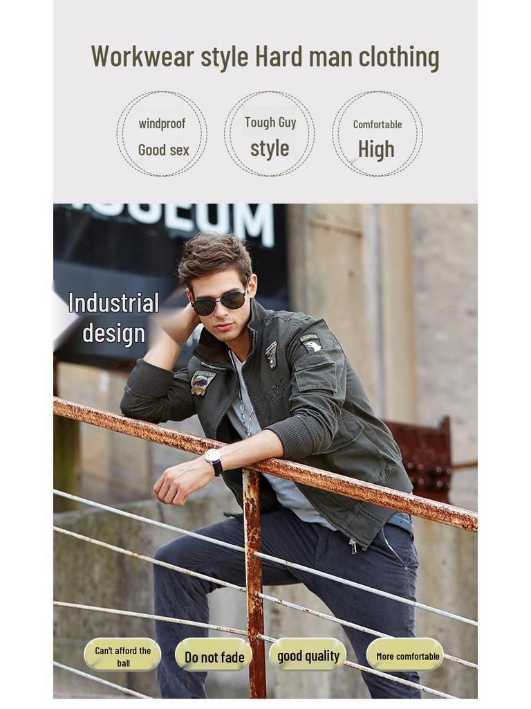 Frühling/Herbst 2025 Herren Militärstil Air Force One Jacke - Stehkragen, Reine Baumwolle, Große Größen, Freizeit