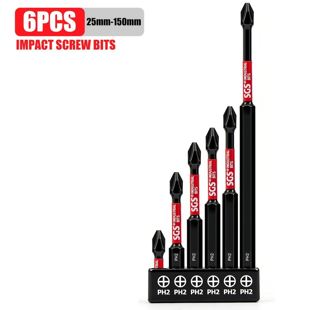 6 Pieces Phillips Impact Screwdriver Bits Set 25mm-150mm Mixed Sizes Magnetic Anti-impact Slip-resistant Bits for Automotive DIY