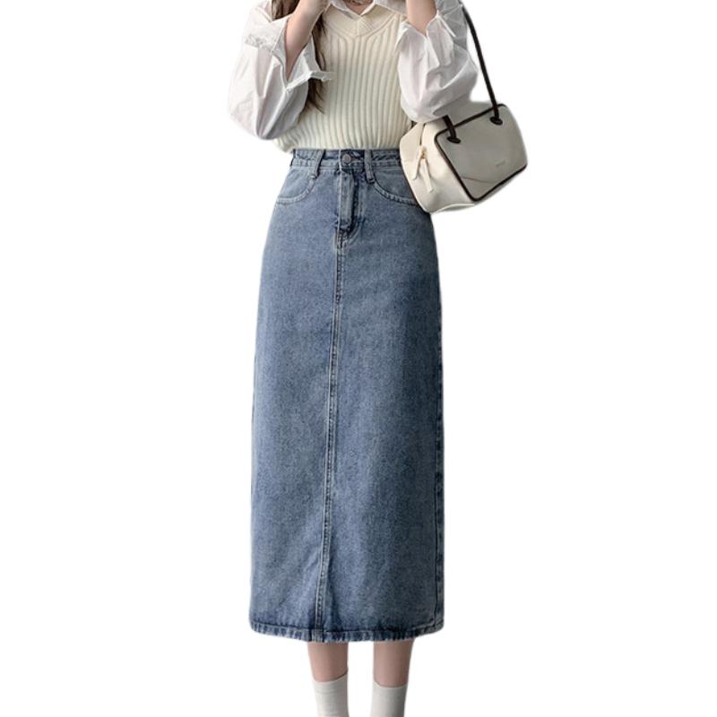 High Waist Casual Loose Denim Skirt Spring and Summer Mid-length Slit A-line Fashion Korean Version Chic and Elegant Woman Skirt
