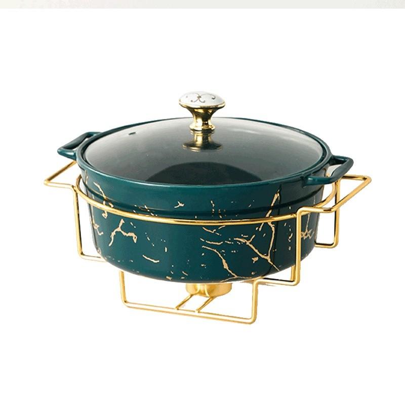 Marble Gold Pattern Nordic Double Ear Ceramic Pot Household Round Soup Pot Tableware Creative Casserole Rack With Candle Holder