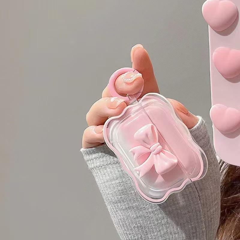 For AirPods Pro3 4 3 2 1 Pro Cute Wave Case Girly 3D Pink Bow Soft TPU Kawaii Generation Cover with Kit Keychain Girls Women