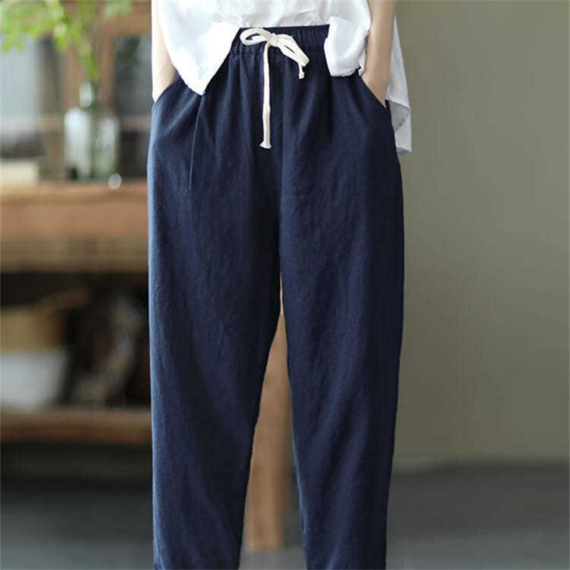 Harajuku Summer High Waist Elastic Women's Cotton Linen Wide Leg Capris Pants for Women Baggy Harem Pants Woman Trousers