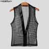INCERUN Men Deep V Neck Sleeveless Stitching Mesh Sheer See Through Party Tank Tops