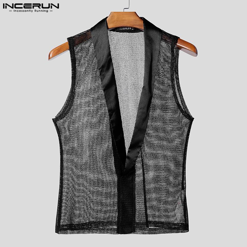 INCERUN Men Deep V Neck Sleeveless Stitching Mesh Sheer See Through Party Tank Tops