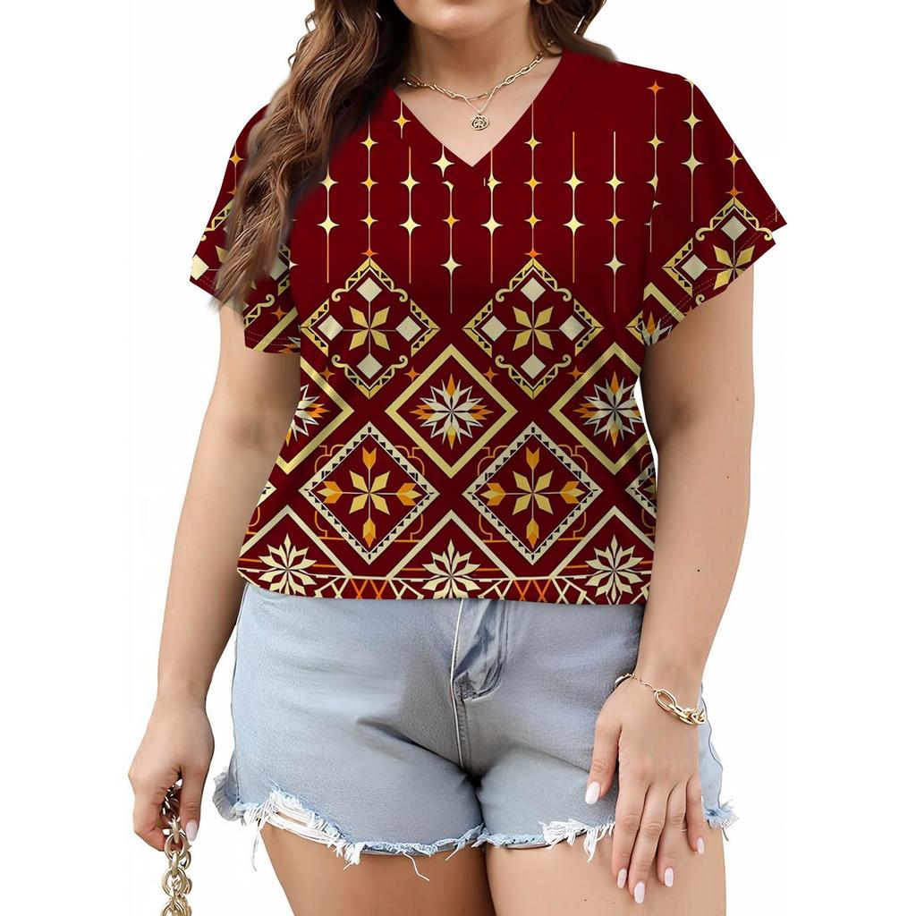 Damenmode Lässig Bedrucktes V-Ausschnitt Kurzarm Oversized T-Shirt Top