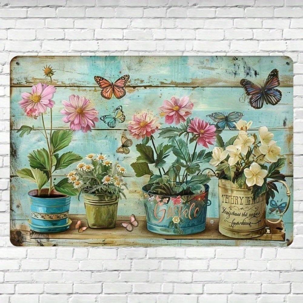 Vintage Floral Metal Wall Art Botanical Garden Decor Pink Blue Turquoise Pots Butterflies