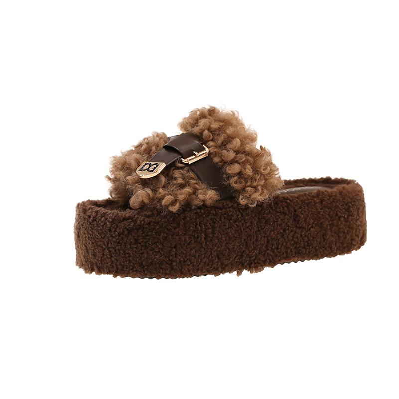 Thick-bottomed Fluffy Slippers for Women's Outerwear 2025 Autumn New Fashion Belt Buckle Lazy Casual Teddy Curly Slippers