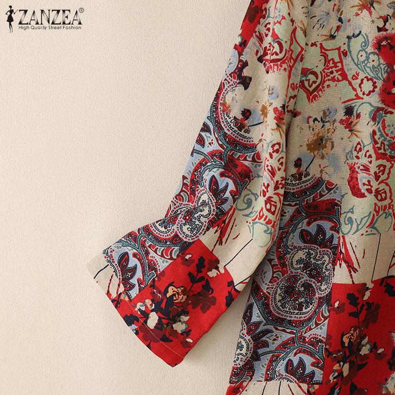 ZANZEA Blusa Casual de Mujer con Cuello en V Suelta Manga 3/4 Estampada