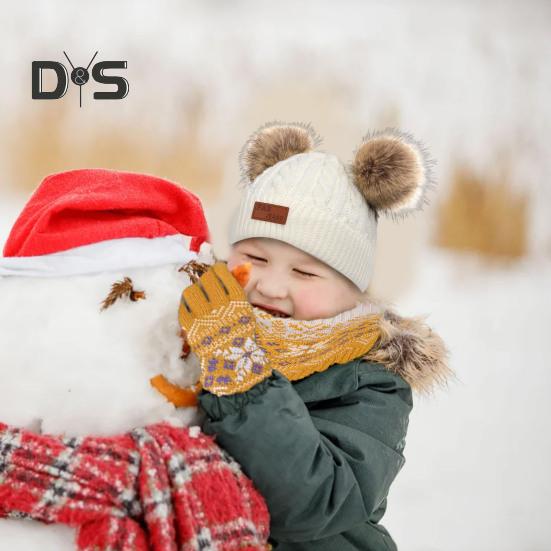 Kids Beanie Fall Winter Knitted Hat with 2 Pompom for Boys Girls 1-4 Years Old Warm Beanie Toddler Hat for Outdoor Activities