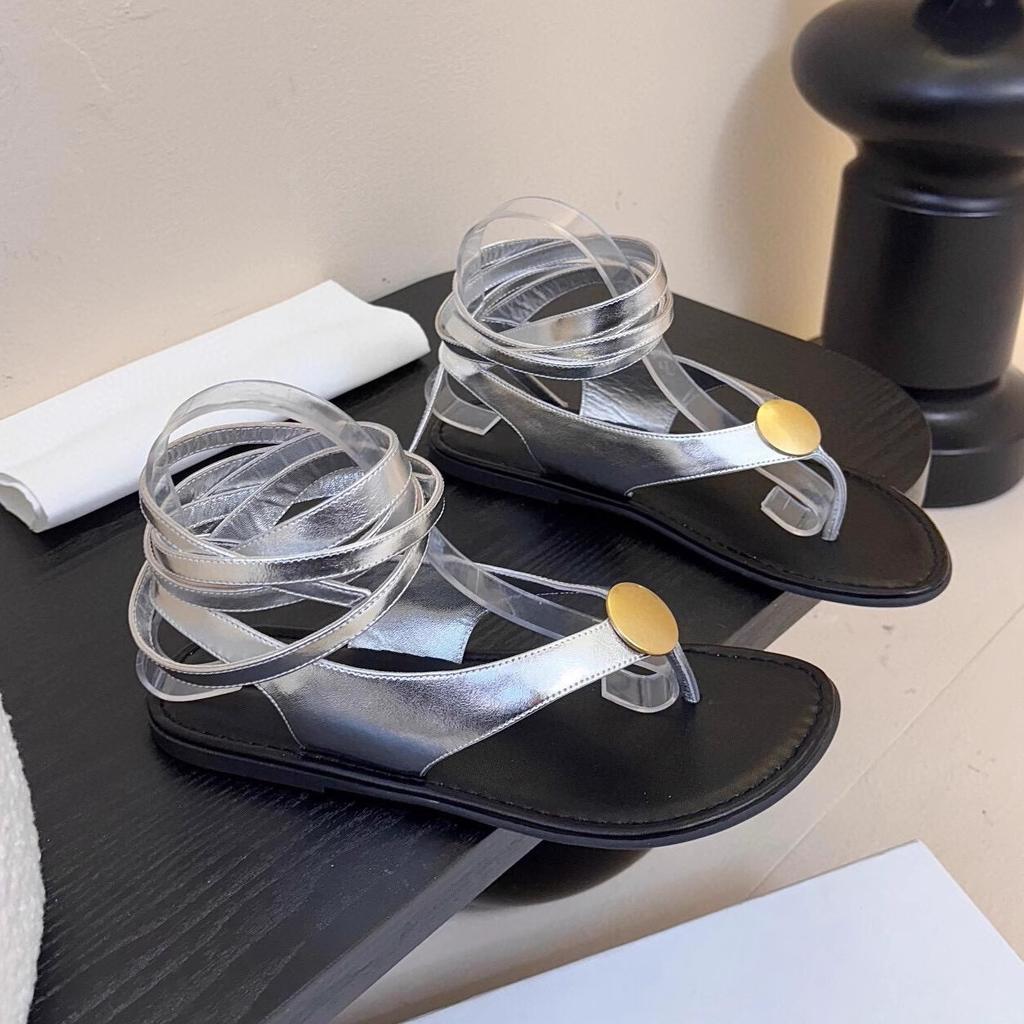 French Roman Sandals Women's New Toe Metal Foreign Trade Cross Strap Flat Soft Sole Beach Shoes Women