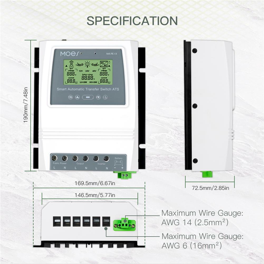 Automatic ATS Dual Power Transfer Switch Tuya Smart Solar Charge Controller for Solar Wind System DC 12/24/48V AC 110/220V