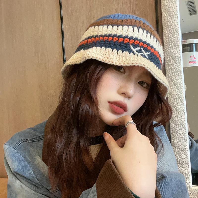 Wind wool contrasting color striped bucket hat men and women autumn and winter face small versatile knitted hat warm hat big head circumference
