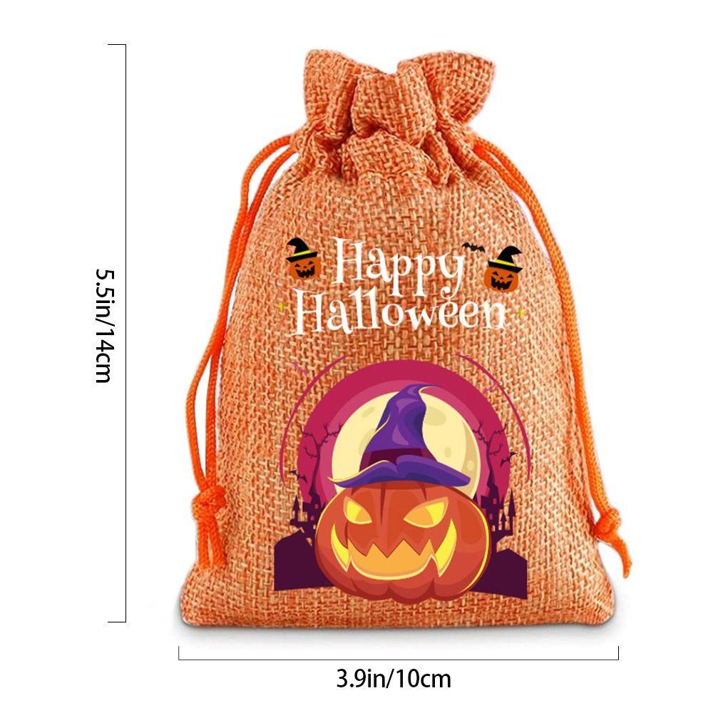 12Pcs Pumpkin Ghost Halloween Linen Drawstring Bags Handheld Portable Trick or Treat Candy Bag Creative Party Prop