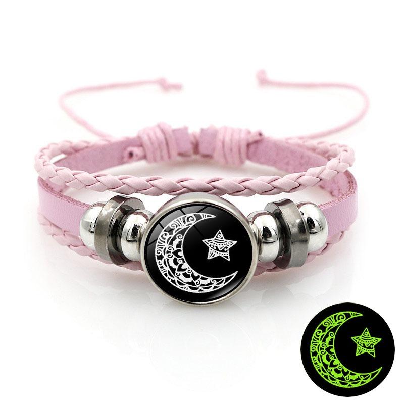 Sun Moon Lover Leather Luminous Bracelet Vintage Punk Multi Layer Beaded Weaving Couple Gift for Him Her Anniversary