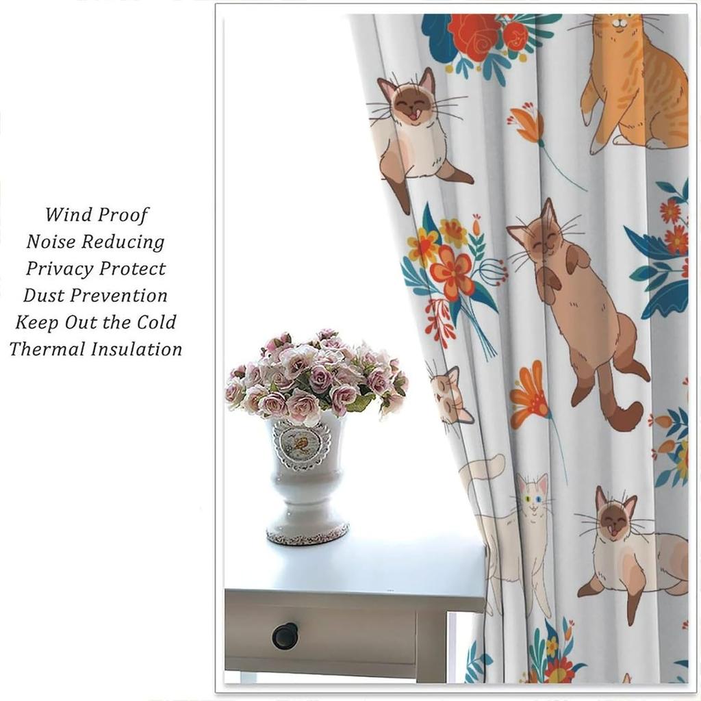 Cartoon Cat Floral Curta, Colorful Spring Blue Orange Flowers Bouquets Funny Cute Cats Nature Garden Window Treatments For