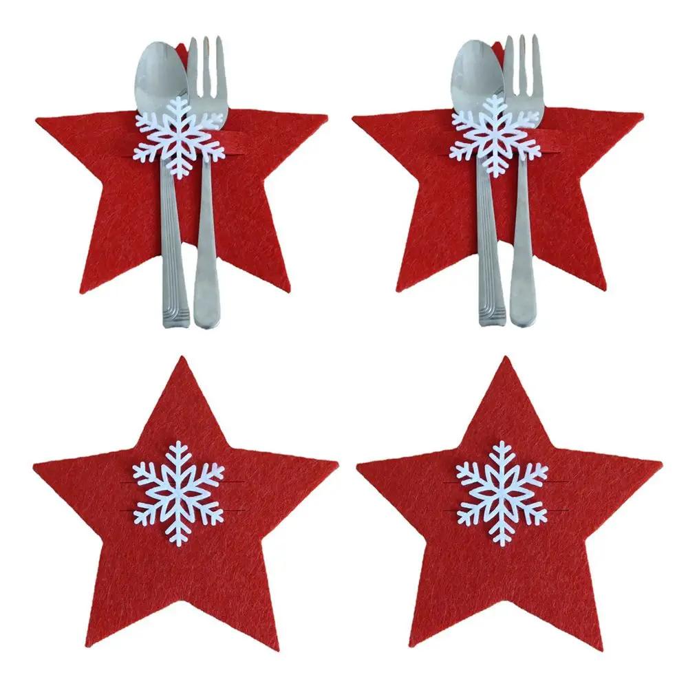 4PCS Household Elk Xmas Tree Table Decorations Cutlery Bag Christmas Knife Fork Holder Tableware Organizer