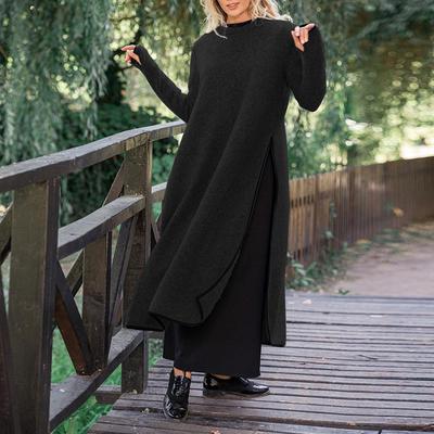 Herbst Damen Warmes Langes Kleid Pullover Rundhalsausschnitt Seitenschlitz Langarm Einfarbig Lässig Locker Übergröße EMA