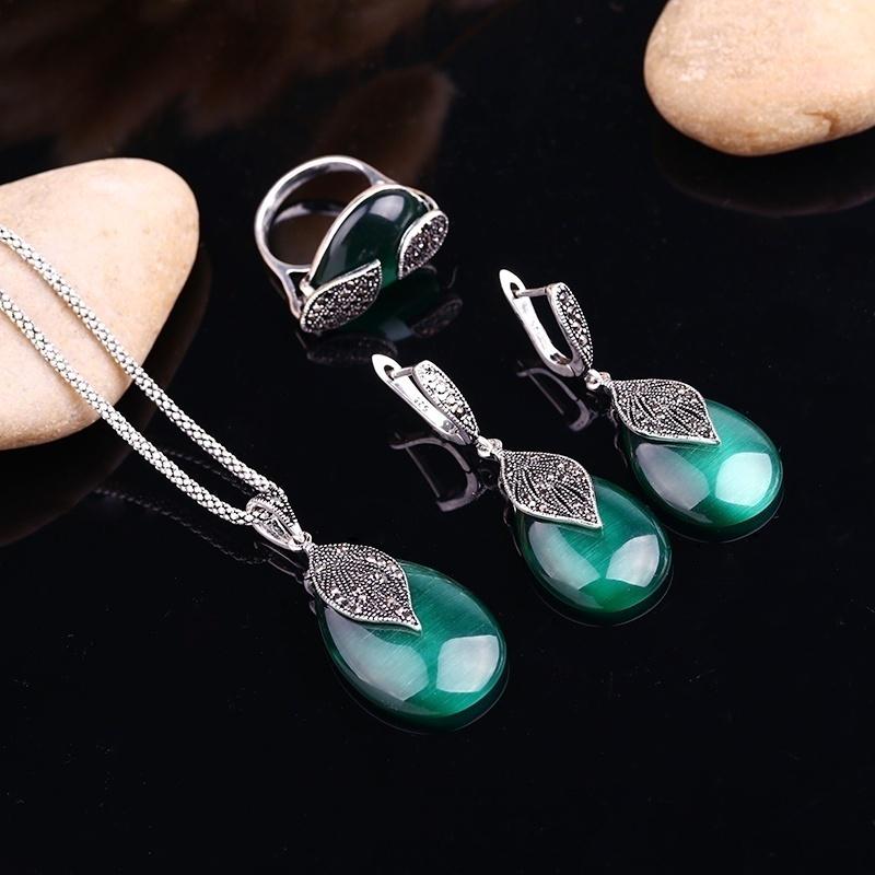 Vintage Women Jewelry Set Necklace Earring Ring Set Leaf Water Drop Necklace Earring Set Necklace Earring Ring Jewelry Sets Women Jewelry Sets ARI