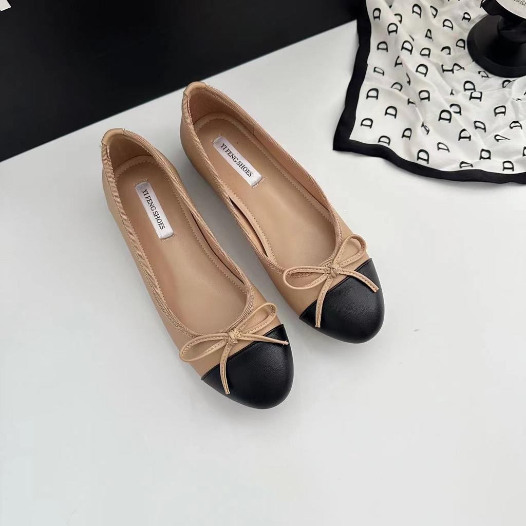 Sheepskin~ Small Inner Height Increase 3CM Flat Ballet Single Shoes Femininity Sequins Color Matching Bow Beanie Shoes