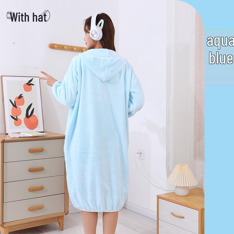 Women's Thickened Winter Hooded Bathrobe - Absorbent Coral Fleece Bath Towel with Long Sleeves and Bath Skirt