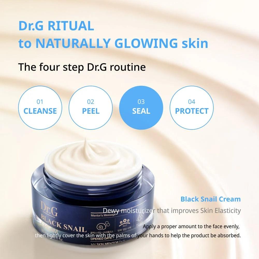 Dr.G Zwarte Slakken Crème 50ml met 20% Slakkenafscheidingsfiltraat en 1.000ppm Propolis die helpen de huidelasticiteit te verbeteren met rijke voeding.