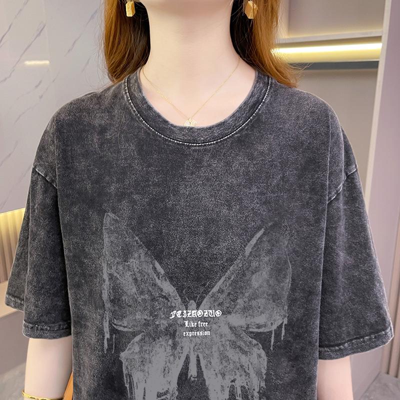 Women's Retro Butterfly Print Plus Size Loose Fit Cotton T-Shirt
