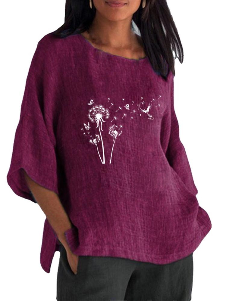 

Women Fashion Cotton Linen Blouse Spring&summer 3/4 Long Sleeve Shirt Ladies Round Collar Pullover Loose Tops 5XL