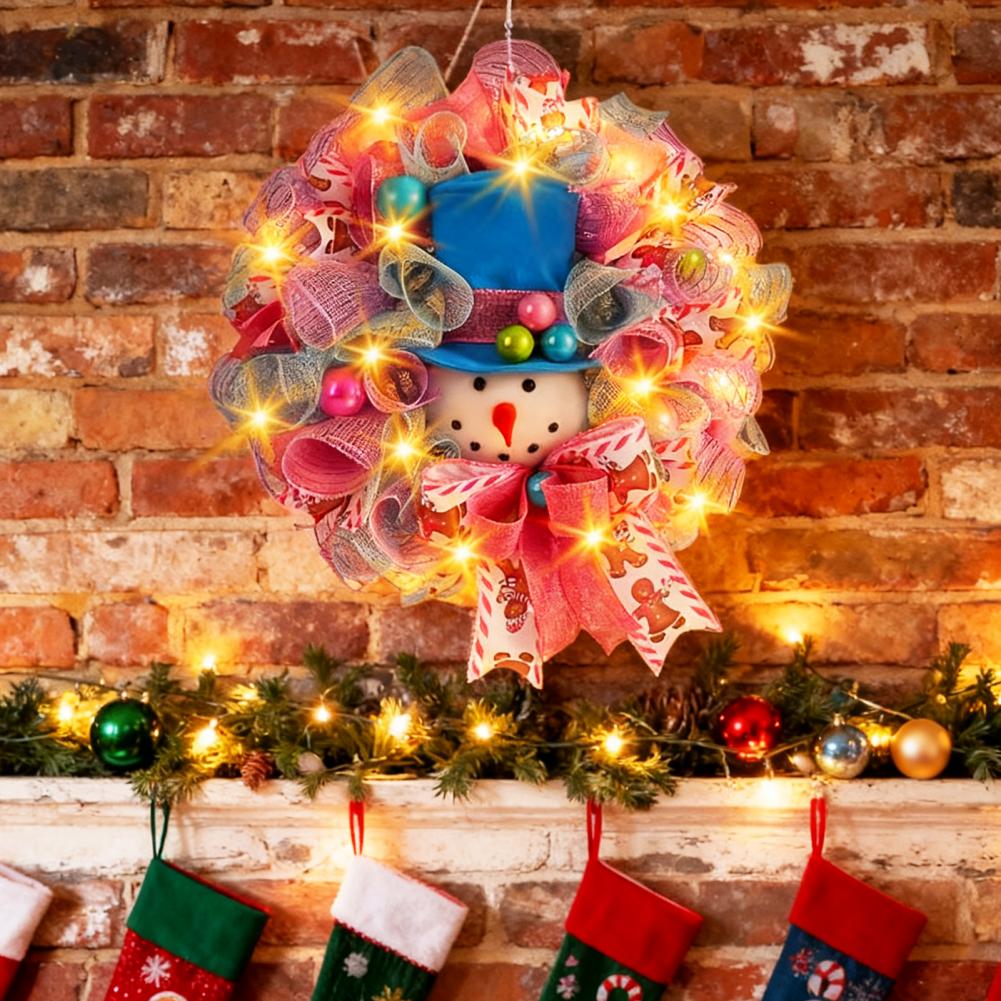 Christmas Wreath with Lights Candy Cane Wreath Festive Snowman Wreath with Light Up Mesh Ribbon Candy for Christmas Wall Decor