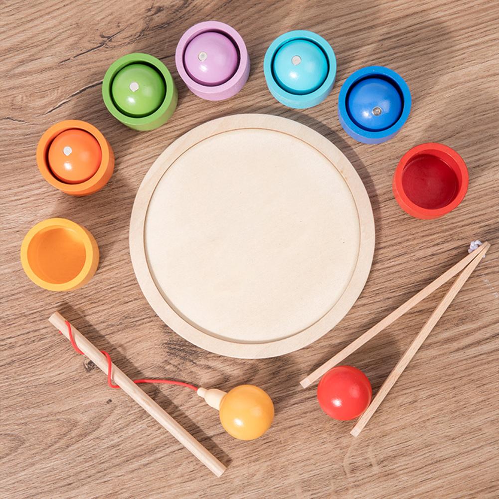 Rainbow Balls in Cups Preschool Learning Toys with Cups/Balls/Bowl/Spoon Wooden Color Sorting Toy for Kids 3 Years Old and Up