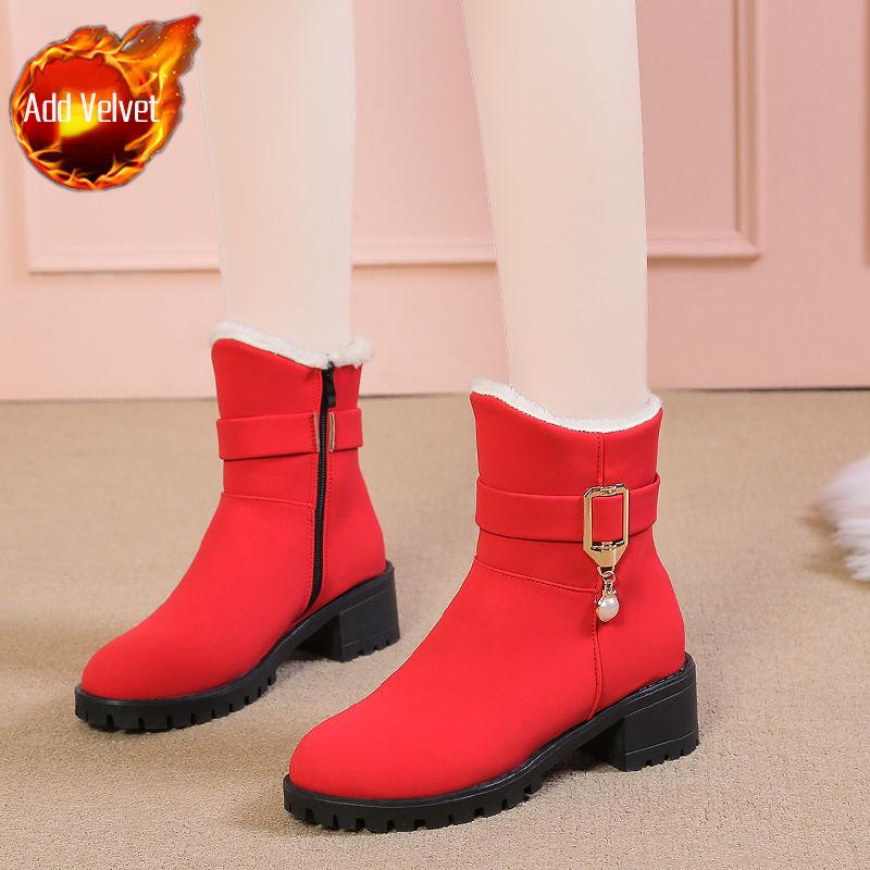 

Элегантные женские туфли на среднем каблуке, плюшевые массивные зимние ботинки для женщин, зимние ботильоны с круглым носком, новинка 2025, теплые, горячие, готические ботинки 40