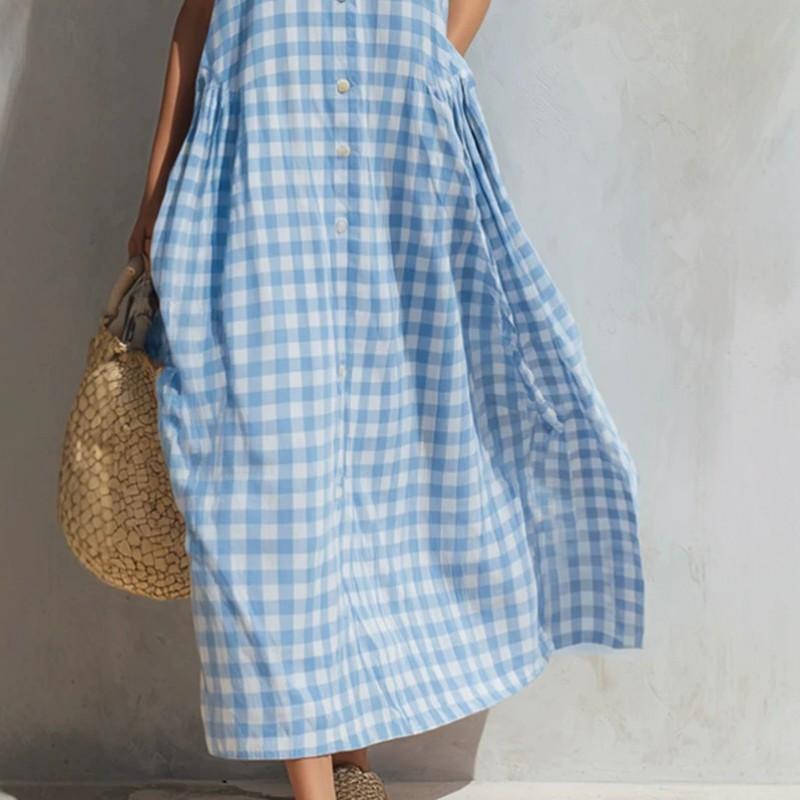 Fashion Urban Blue Plaid Sleeveless Maxi Dress Small Lapel Loose Fit 2026