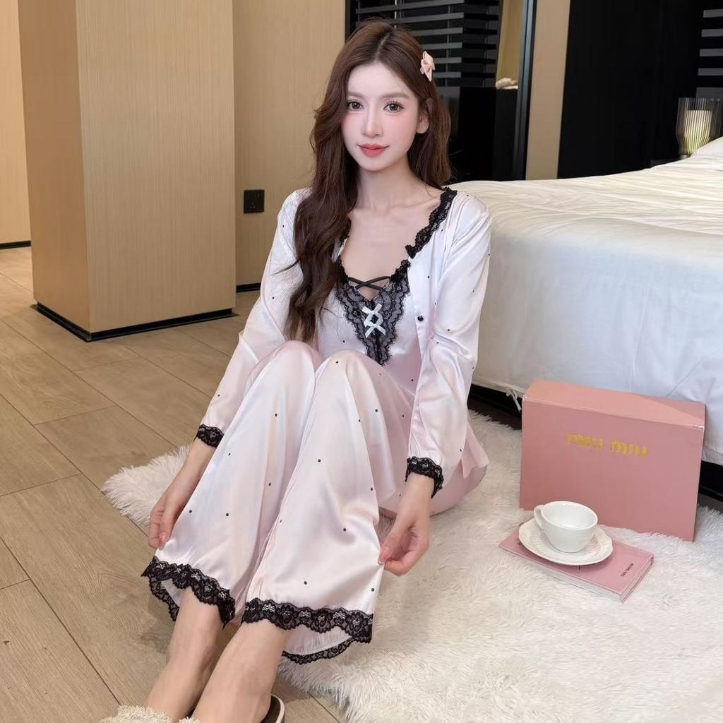 Women's spring and autumn long-sleeved pajamas with chest pads, three-piece set of lace lace Korean suspender loungewear pajamas