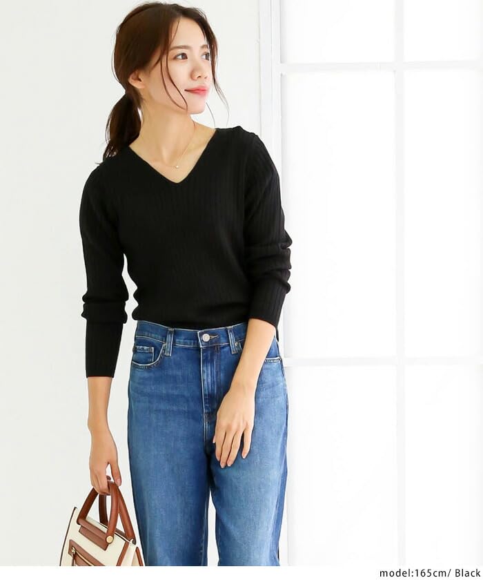 Winter Plus Ribbed Long Sizes Gray Beige Wn-0114 [Jungle Jalopy] Women's Sweater, Size, Knit, V-Neck, Cotton, Sleeve, Lightweight, Elegant,