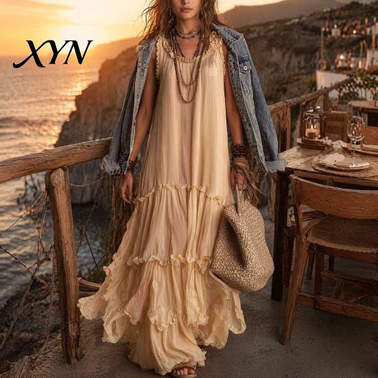 Light Beige Skirt Summer Ruffle Tiered Swing Dress for Women, Boho Beach Daily Outing Flowy Maxi Sundress, Sleeveless A-line Loose Long Casual