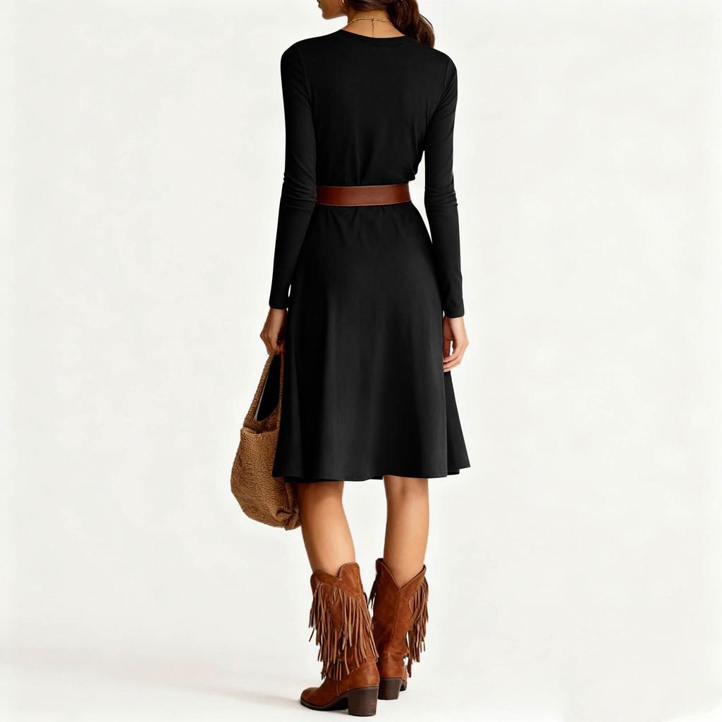 Fashionable Women's Elegant Western Round Neck Knitted Long Sleeved Spring And Dress