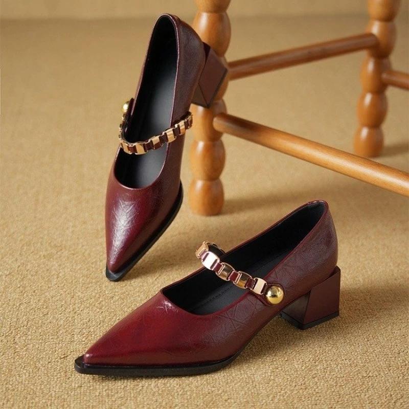 

Fashion High Heels Kids 2025 New Pointed Toe French Beautiful Mary Jane Maillard Block Heel Single Shoes 40 вино красного