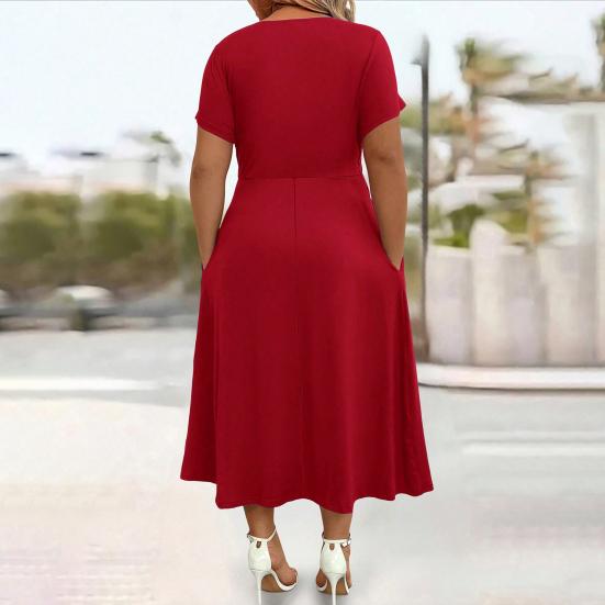 Robe Mi-longue Décontractée d'Été pour Femme Robe évasée à manches courtes et col en V avec torsade sur le devant Robe longue fluide ligne A pour vacances à la plage
