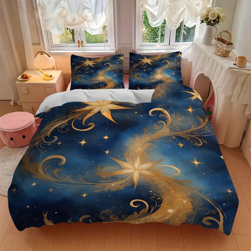 3pcs Golden Celestial Dance Bedding Set, Includes Quilt Cover and Pillowcases, Suitable for All Seasons