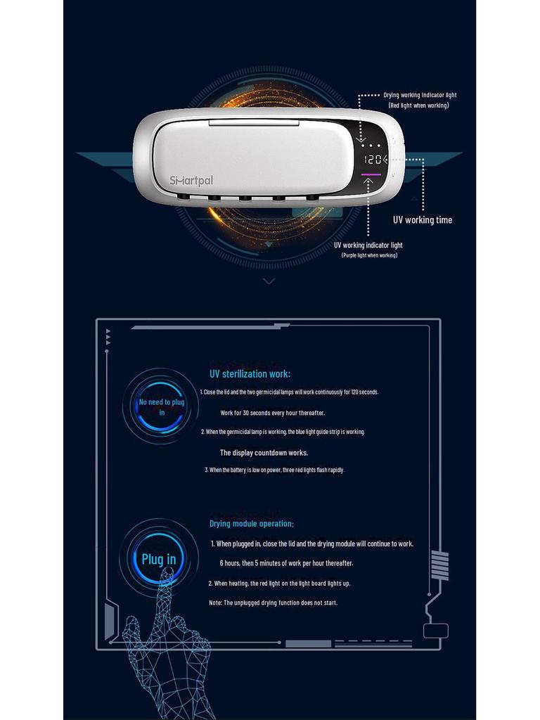 Sterilizzatore e Porta Spazzolino SmartPal UV - Collegabile alla rete, Montabile a parete, Asciugatura, Installazione senza foratura.