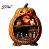 Halloween Cobweb Decorations Centerpiece Pumpkin, Wooden Pumpkin Ornament with Miniature Scenes, Rustic Detailed Scene Decor Skeleton for Farmhouse